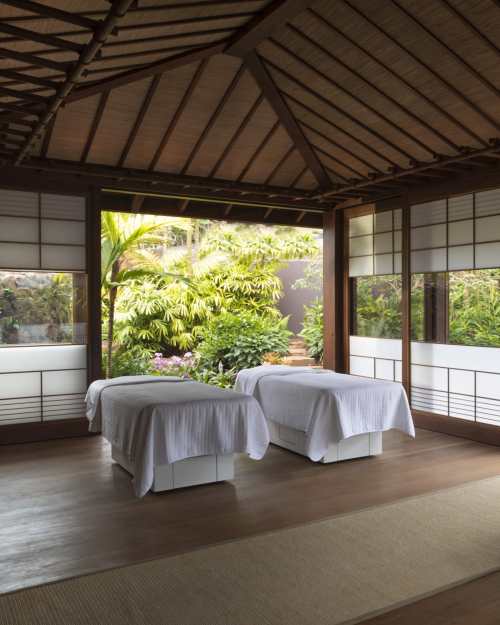 A serene spa room with two massage tables, surrounded by lush greenery and natural light.