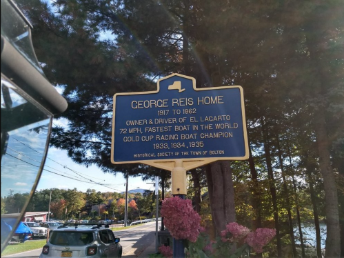 Sign commemorating George Reis, owner of the fastest boat, El Lacarato, and Cold Cup Racing Champion, 1933-1935.