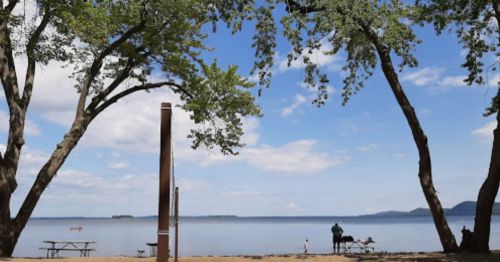 A serene lakeside scene with trees, a sandy shore, and people enjoying the view under a blue sky with clouds.