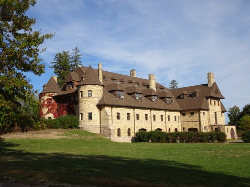 A large stone mansion with a brown roof, surrounded by greenery and trees under a blue sky.