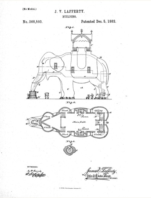 Patent drawing of a building designed as an elephant, featuring detailed plans and elevations, dated December 5, 1882.