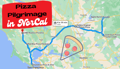 Map highlighting a pizza pilgrimage route in Northern California, featuring various pizzerias and travel details.