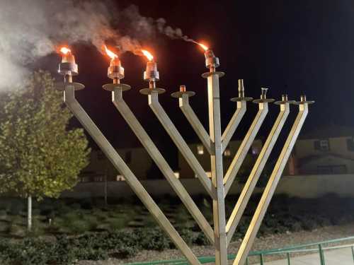 A lit menorah with flames on top, set against a night sky and residential background.