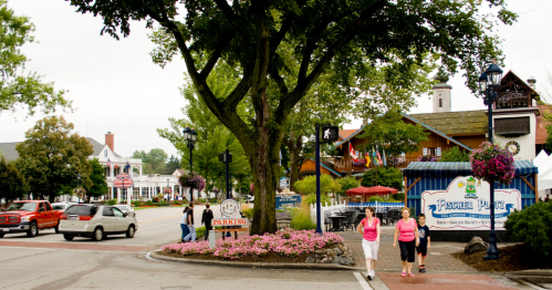 A charming street scene with shops, flowers, and people walking under a large tree on a cloudy day.