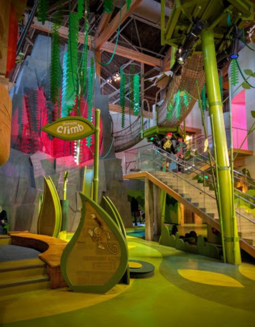 Colorful indoor play area with climbing structures, greenery, and informational displays. Brightly lit and inviting atmosphere.