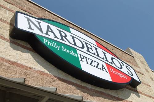 Sign for Nardello's featuring the text "Philly Steaks, Pizza, Hoagies" with a green, white, and red color scheme.