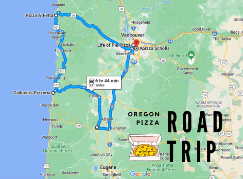 Map showing a road trip route in Oregon, highlighting pizza stops and total travel time of 6 hours and 44 minutes.