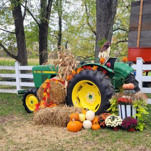 A green tractor surrounded by hay bales, pumpkins, and colorful flowers, set in a fall landscape with trees.