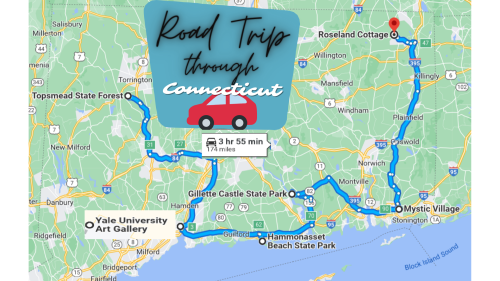 Map of a road trip through Connecticut, highlighting key stops and the route from Roseland Cottage.
