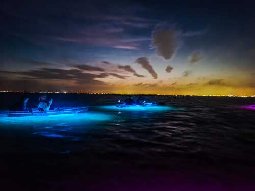 Boats with glowing lights navigate a dark waterway at dusk, with a colorful sky and distant city lights.