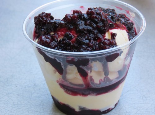 A clear cup filled with layers of vanilla ice cream and a rich blackberry sauce on top.