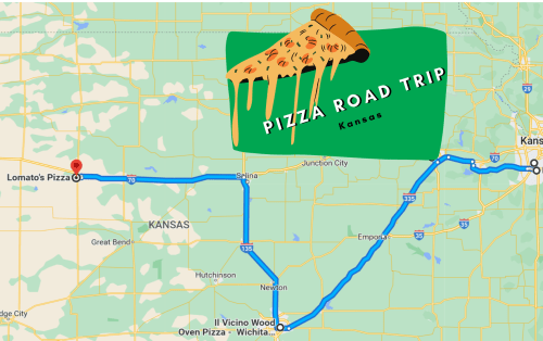 Map of a pizza road trip in Kansas, highlighting routes to various pizzerias, with a pizza graphic.