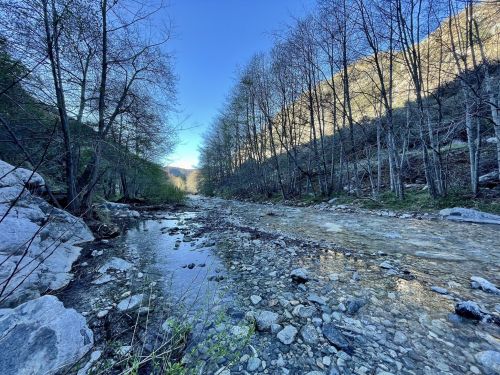 A serene river flows through a rocky landscape, surrounded by trees and mountains under a clear blue sky.