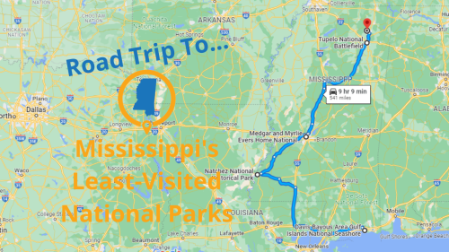 Map showing a road trip route to Tupelo National Battlefield, Mississippi's least-visited national park.