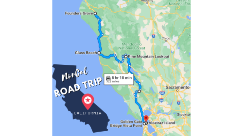 Map showing a road trip route in California, highlighting locations like Founders Grove, Glass Beach, and Alcatraz Island.