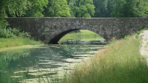 A stone arch bridge over a calm, green-tinted river, surrounded by lush trees and grassy banks.