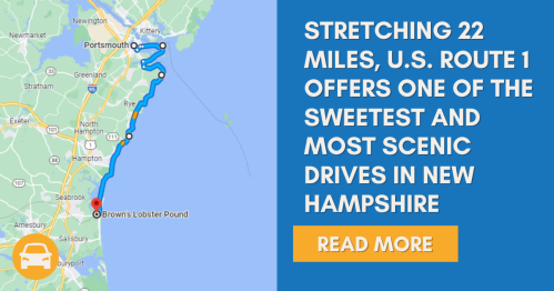 Map highlighting U.S. Route 1 in New Hampshire, showcasing a scenic 22-mile drive along the coast.