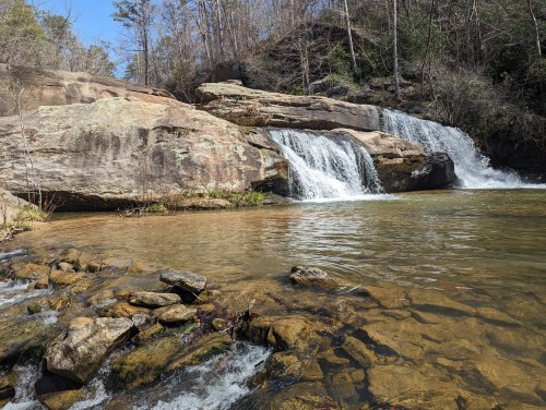 A serene waterfall cascades over rocks into a clear pool, surrounded by trees and natural scenery.