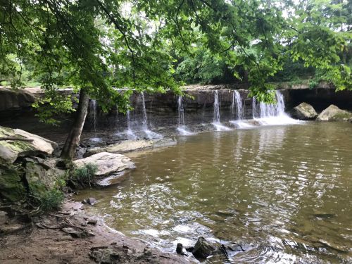 A serene scene of a small waterfall cascading into a calm river, surrounded by lush green trees and rocky banks.