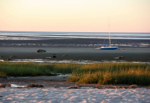 A calm beach scene at sunset with a blue sailboat on the sand and tall grass in the foreground.