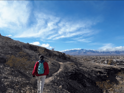 A person walks along a rocky trail with mountains and a blue sky in the background.