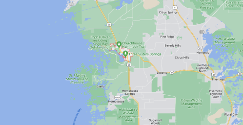 Map showing the area around Three Sisters Springs in Florida, with nearby roads and natural features.