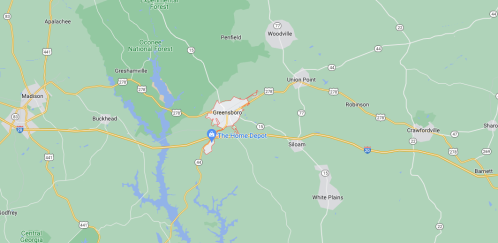 Map showing Greensboro, Georgia, with nearby roads and landmarks, including Oconee National Forest.