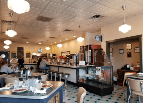 A cozy diner interior with booths, a counter, and vintage decor, featuring patrons enjoying their meals.