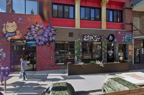 A colorful storefront with murals, featuring flowers and a cat, alongside a sidewalk and parked cars.