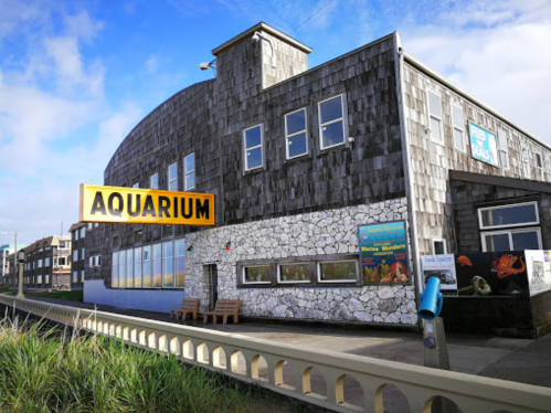 A large aquarium building with a wooden exterior and a sign reading "AQUARIUM" in front, set against a blue sky.