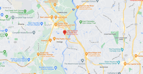 Map showing the location of CBS Seafood & Oyster Bar in Vinings, Georgia, near various restaurants and parks.