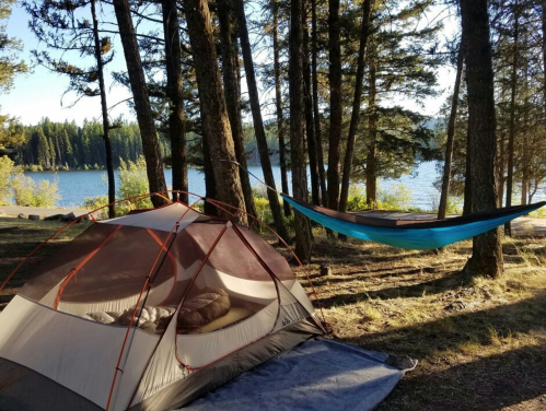 A tent and a hammock set up by a serene lake, surrounded by tall trees and sunlight filtering through the branches.