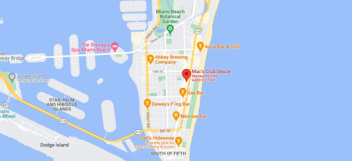 Map of Miami Beach highlighting locations like Gay Bar and Club Deuce, near the Botanical Garden and the beach.