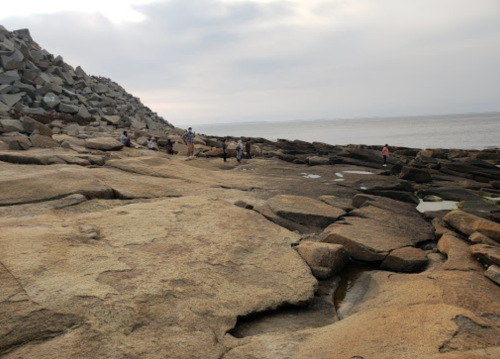 Rocky shoreline with people exploring, a rocky hill in the background, and a calm sea under a cloudy sky.