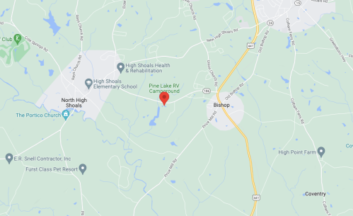 Map showing the location of Pine Lake RV Campground near High Shoals and Bishop, Georgia.