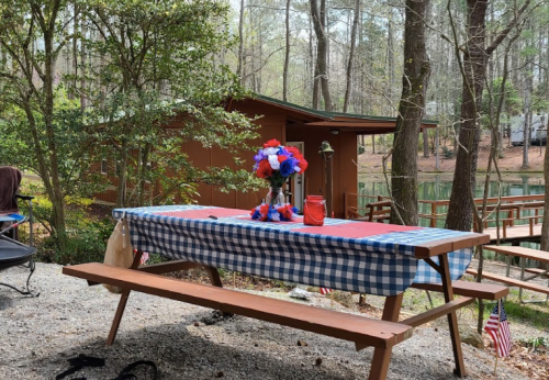 A picnic table with a checkered tablecloth, decorated with flowers and a lantern, near a serene wooded area by a pond.