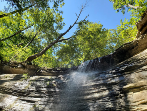 A waterfall cascades over rocky cliffs, surrounded by lush green trees under a clear blue sky.