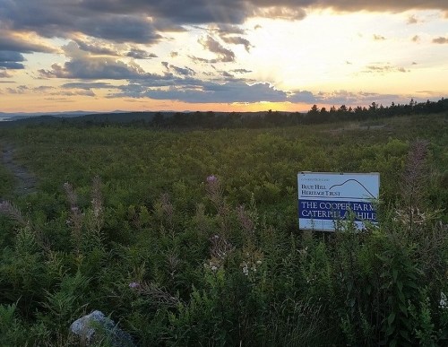 A scenic view of a field at sunset, featuring a sign for the Copper Farm Caterpillar Hill.