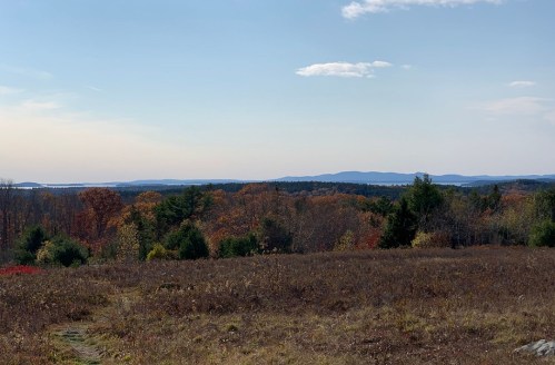 A scenic view of rolling hills and trees with autumn foliage under a clear blue sky.
