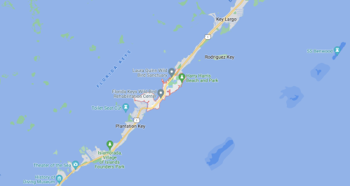 Map of the Florida Keys, highlighting Key Largo, Plantation Key, and nearby parks and attractions.