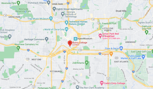 Map showing the location of Burns Cottage in Atlanta, marked as "CLOSED," with nearby landmarks and streets.