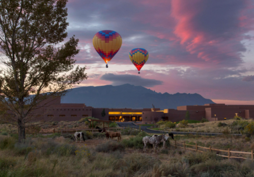 Two hot air balloons float above a scenic landscape at sunset, with cows grazing in the foreground and mountains in the background.