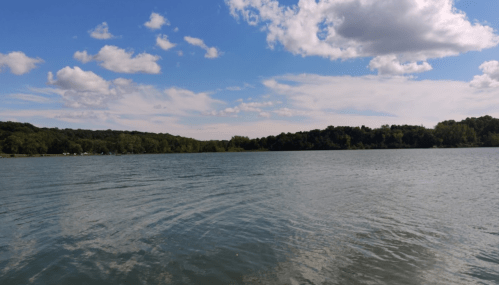 A serene lake surrounded by green trees under a partly cloudy blue sky.