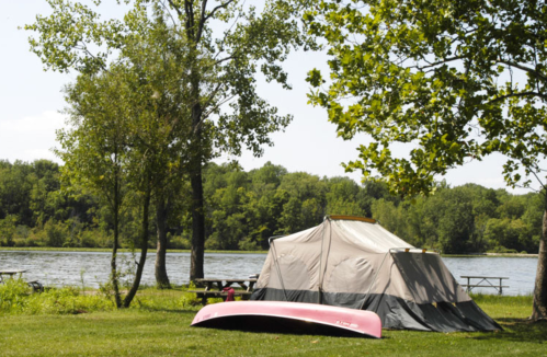 A tent and a pink canoe by a serene lake, surrounded by trees and picnic tables on a sunny day.
