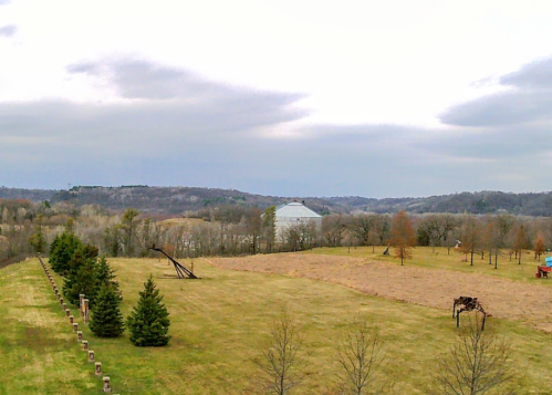 A wide view of a grassy field with trees, a distant building, and a cloudy sky in the background.
