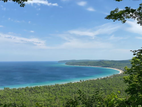 A scenic view of a coastline with turquoise waters, lush green forests, and a clear blue sky.