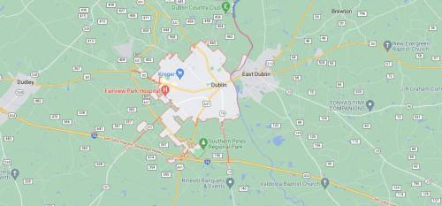 Map showing Dublin, Georgia, with nearby landmarks and roads, including Fairview Park Hospital and East Dublin.