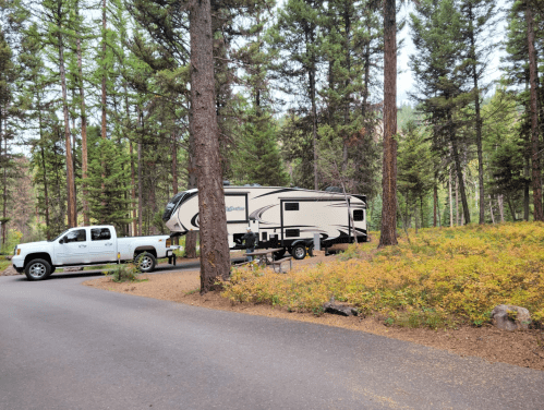 A white pickup truck parked beside a large RV in a forested area with trees and wildflowers.