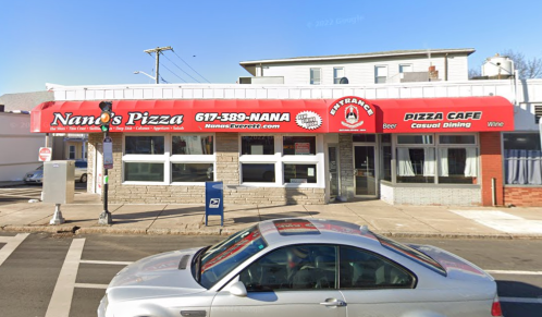 A street view of Nano's Pizza, featuring a red awning and a casual dining area, with a parked car in front.
