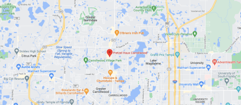 Map showing the location of Pretzel Haus in Carrollwood, surrounded by parks and local businesses.